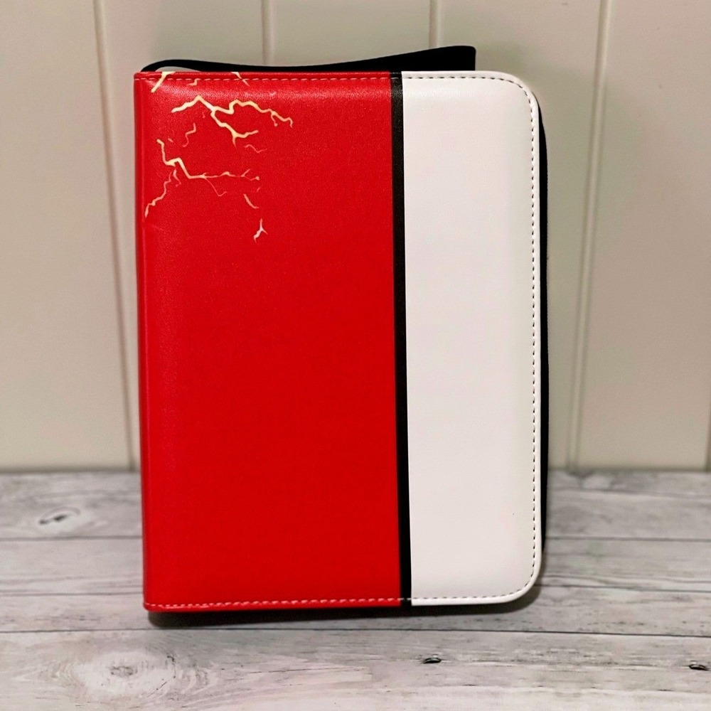 Red White Lightning Bolt 4-Pocket Trading Card Binder Zippered‎ Case with Strap